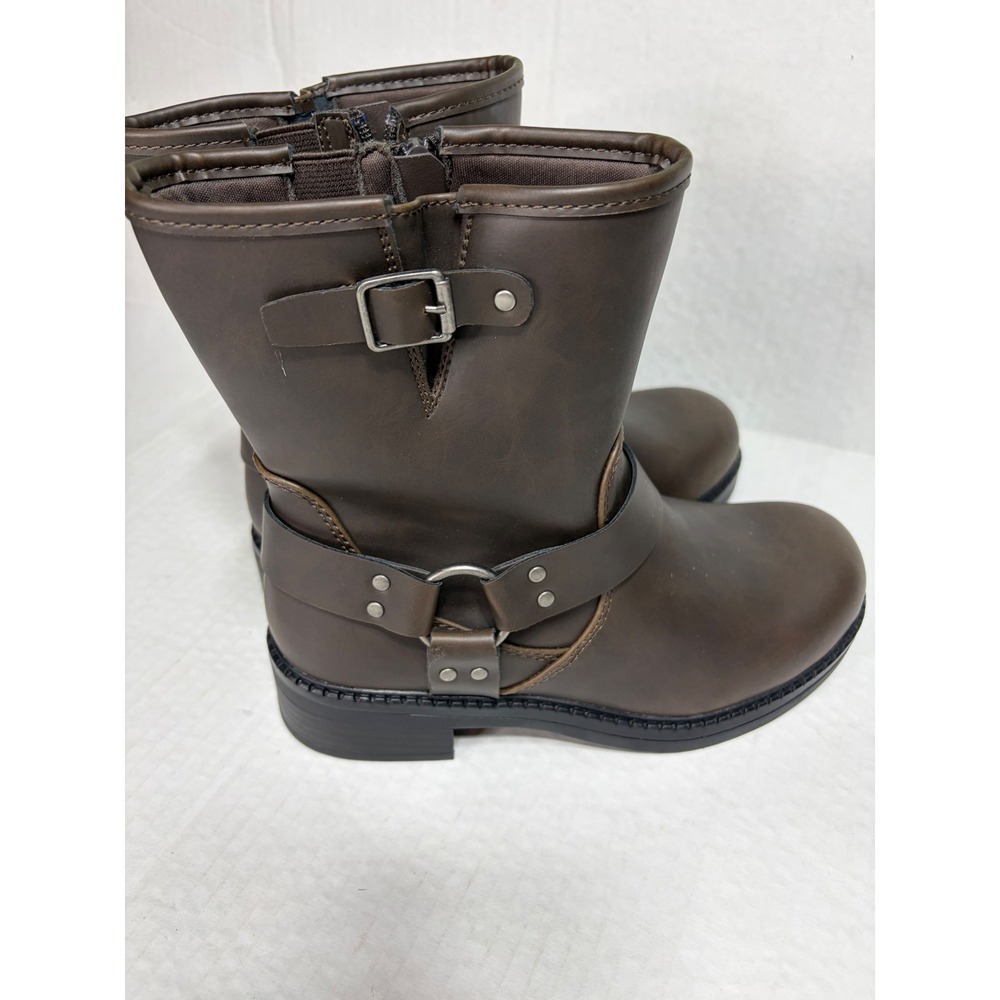 Torrid Womens Brown Faux Leather Harness Moto Boots Mid Calf Side Zip Low Heel